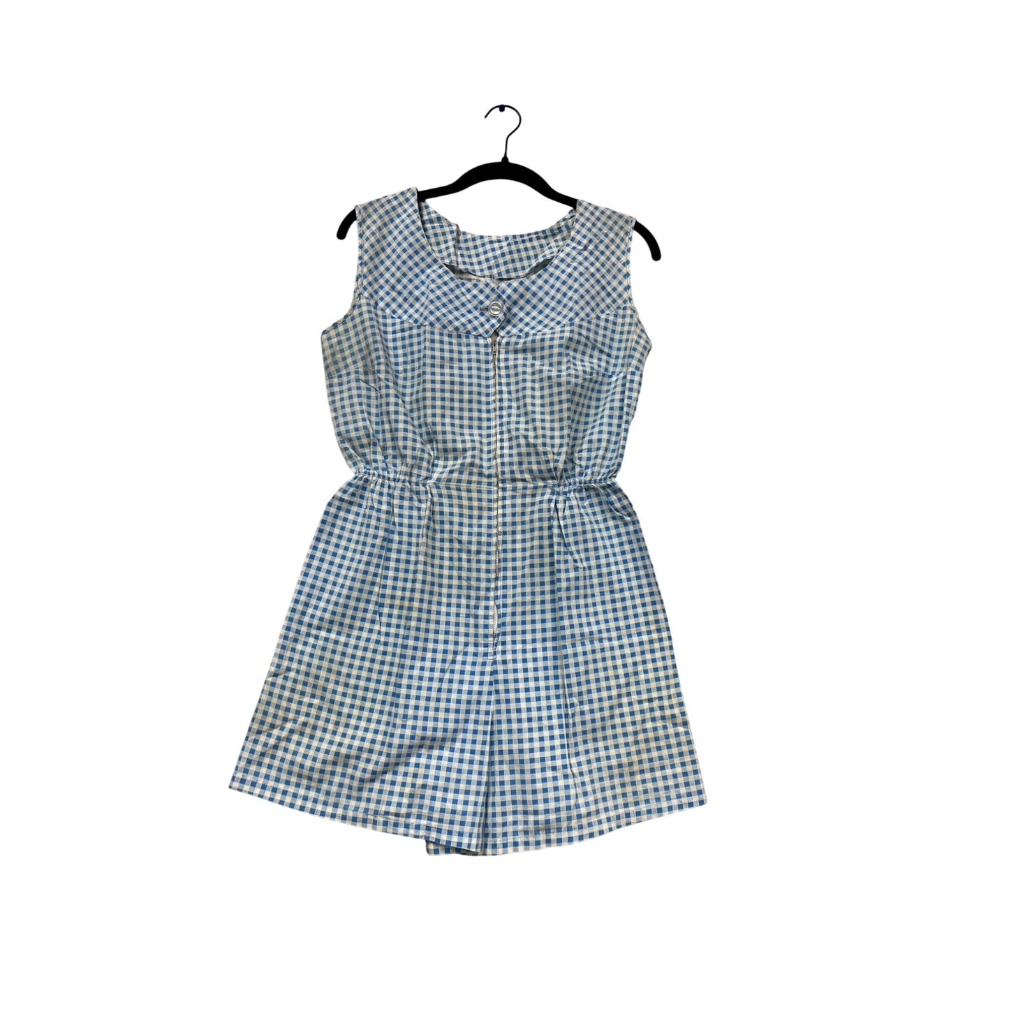 Vintage-Style Blue & White Gingham Sleeveless Romper #638A