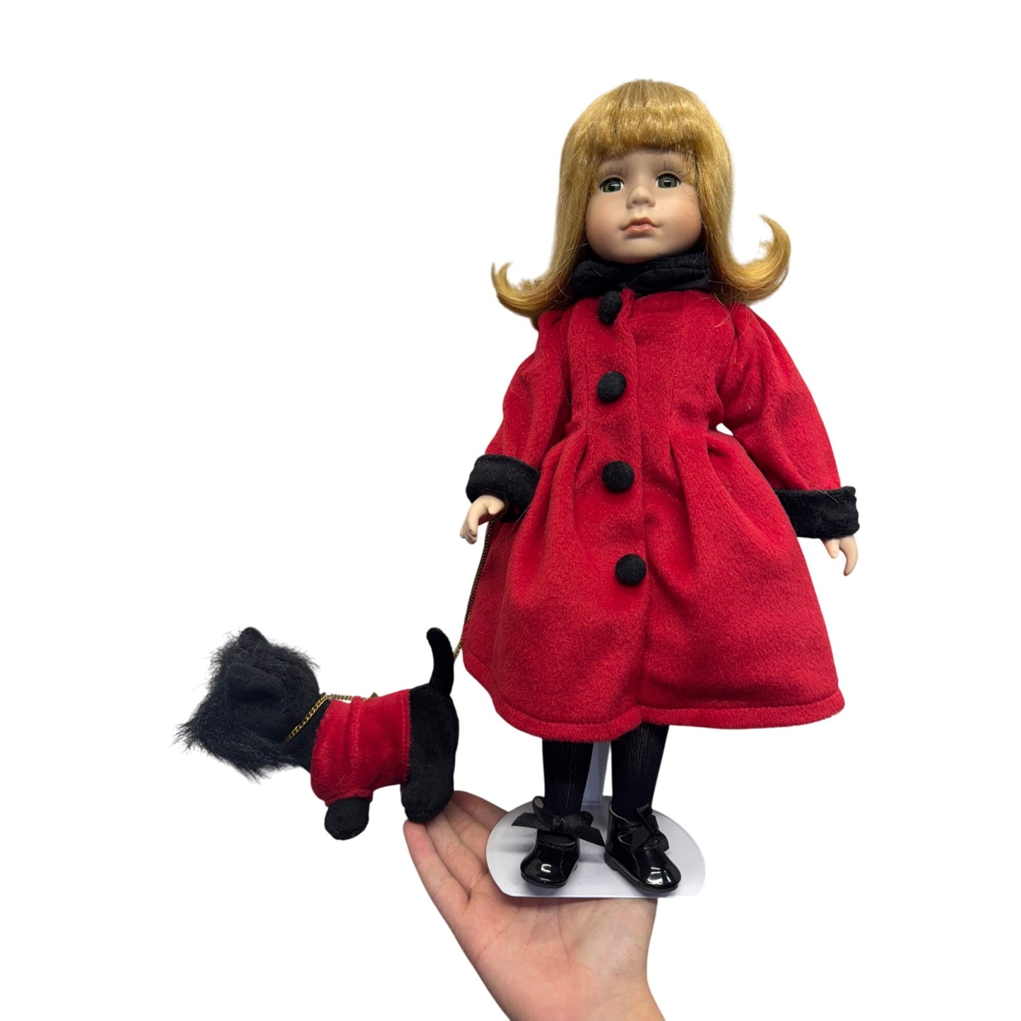 Porcelain Doll Red Velvet Coat With Black Trim & Matching Plush Dog #424B