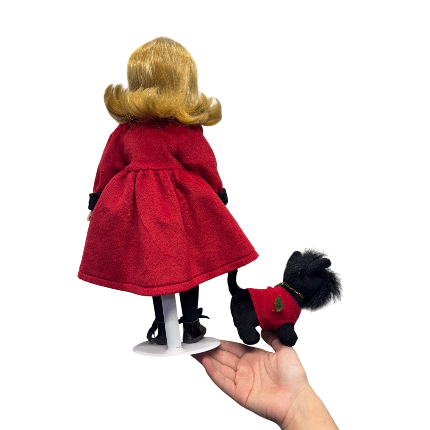 Porcelain Doll Red Velvet Coat With Black Trim & Matching Plush Dog #424B