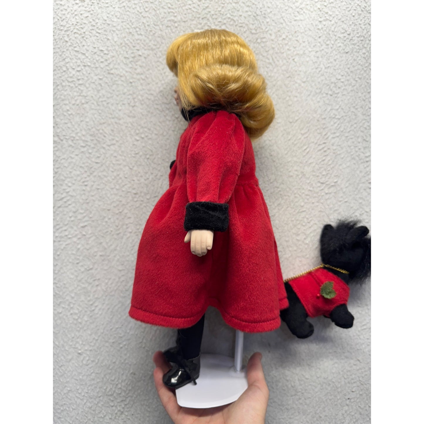 Porcelain Doll Red Velvet Coat With Black Trim & Matching Plush Dog #424B