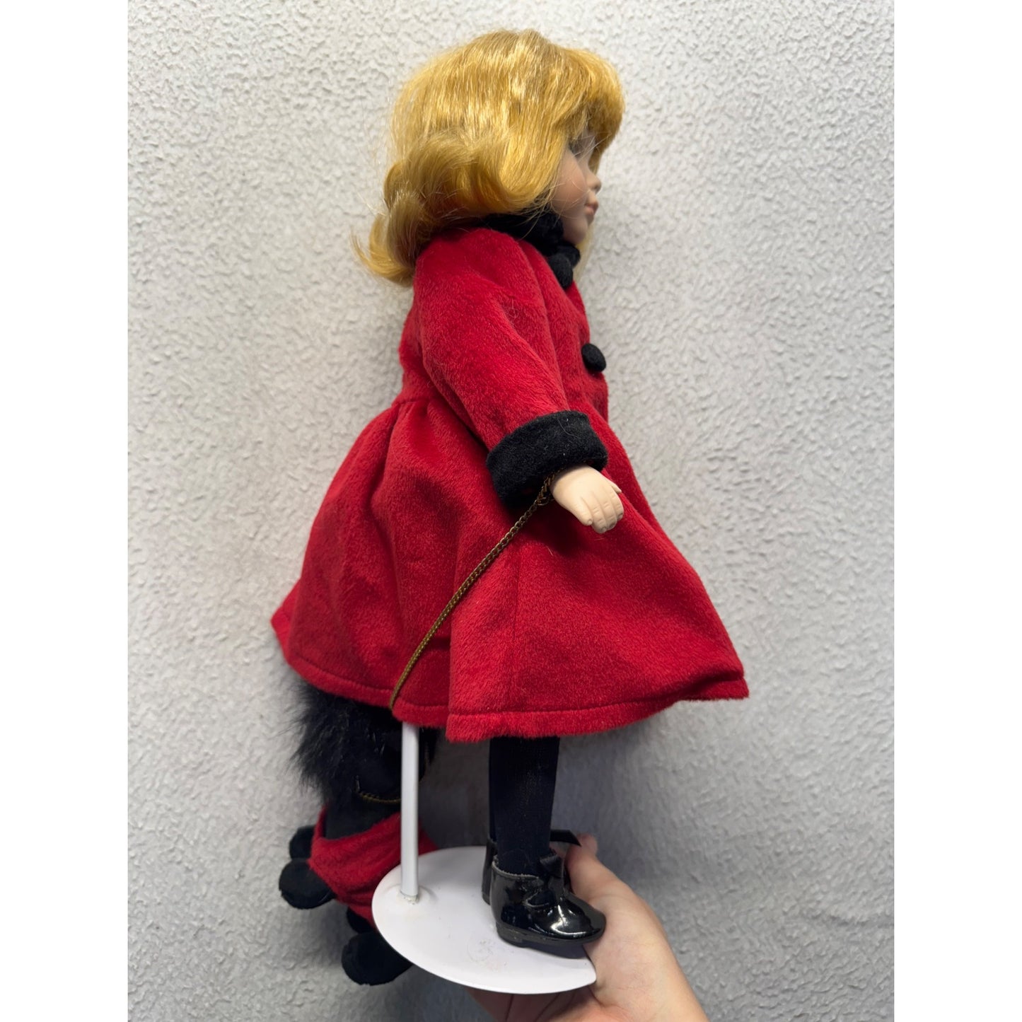 Porcelain Doll Red Velvet Coat With Black Trim & Matching Plush Dog #424B
