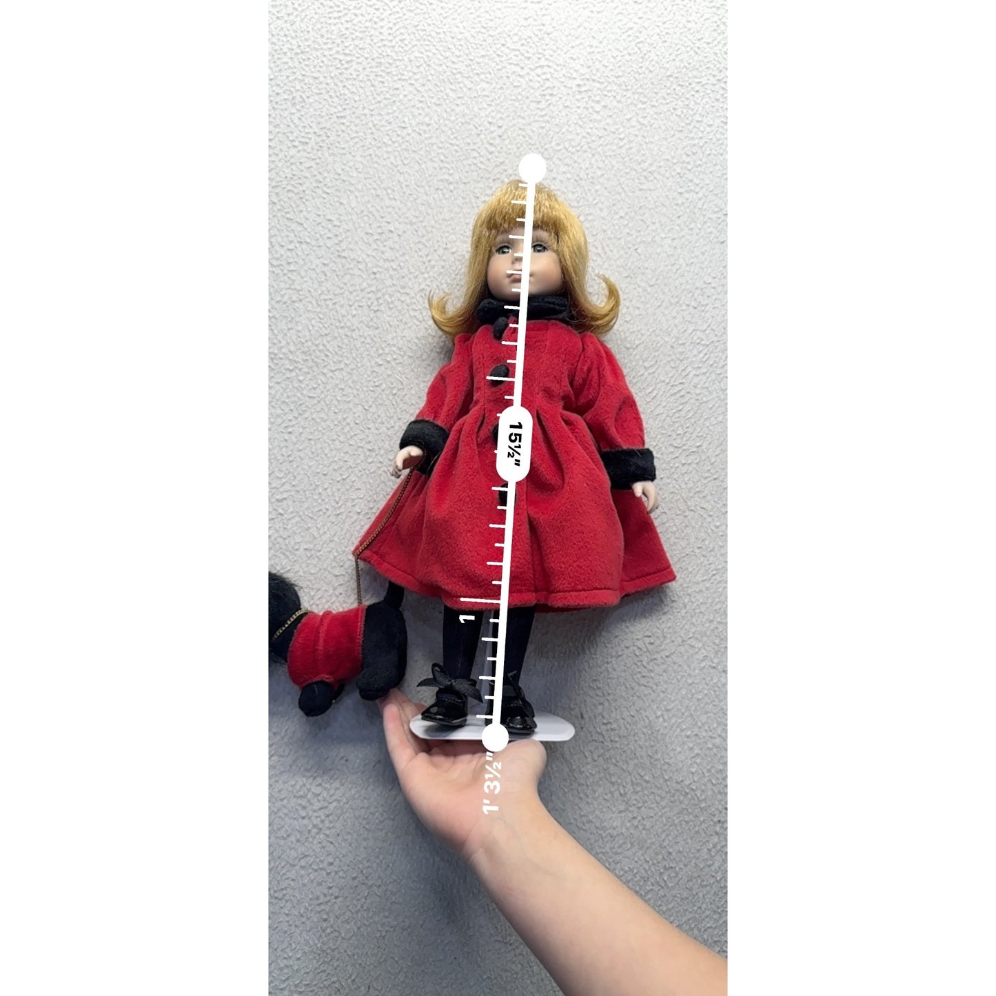 Porcelain Doll Red Velvet Coat With Black Trim & Matching Plush Dog #424B
