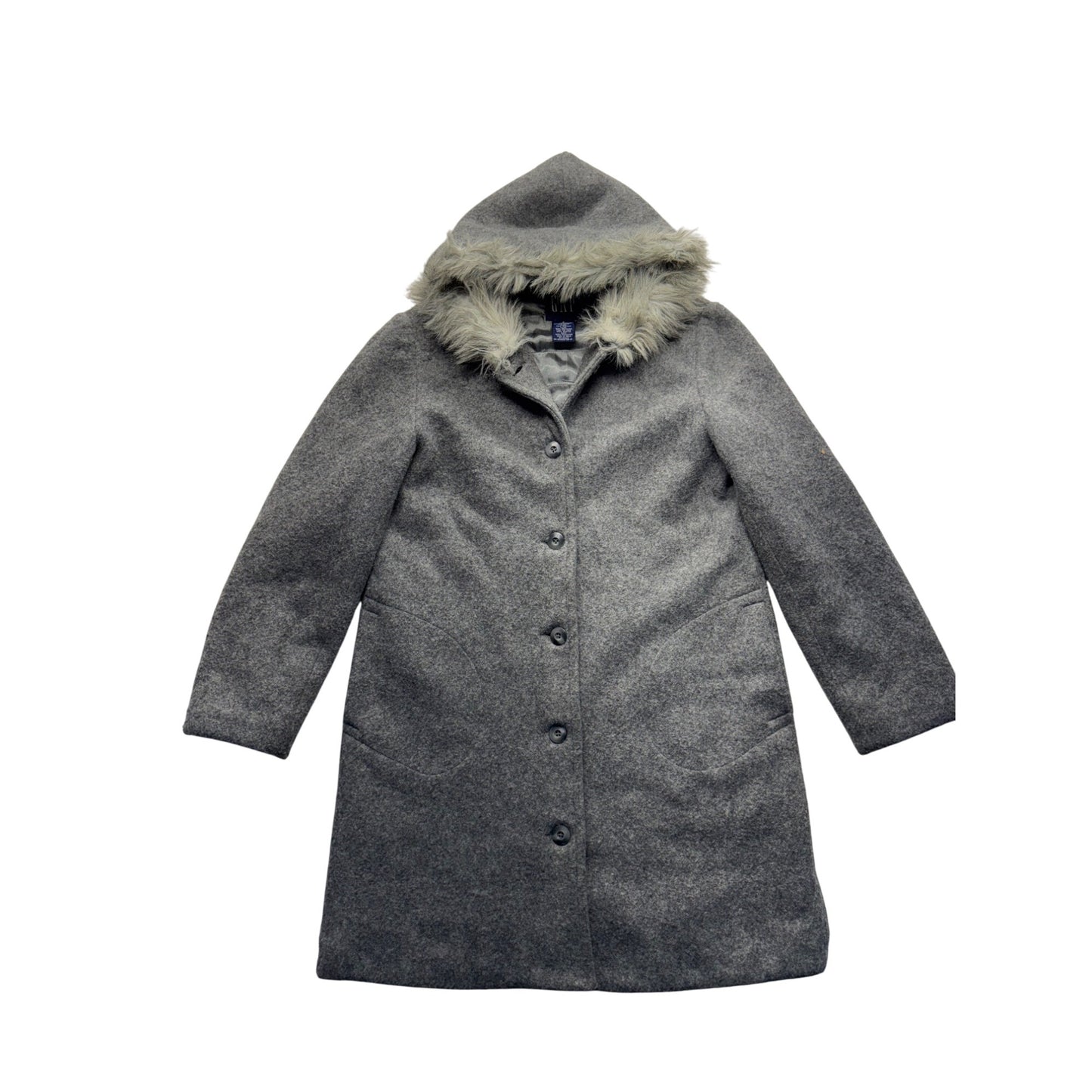 Gap Gray Wool Blend Hooded Coat W/ Faux Fur Trim & Button Closure #129B