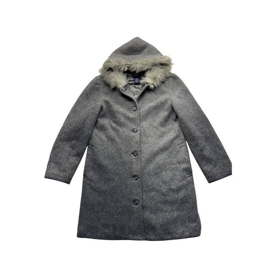 Gap Gray Wool Blend Hooded Coat W/ Faux Fur Trim & Button Closure #129B