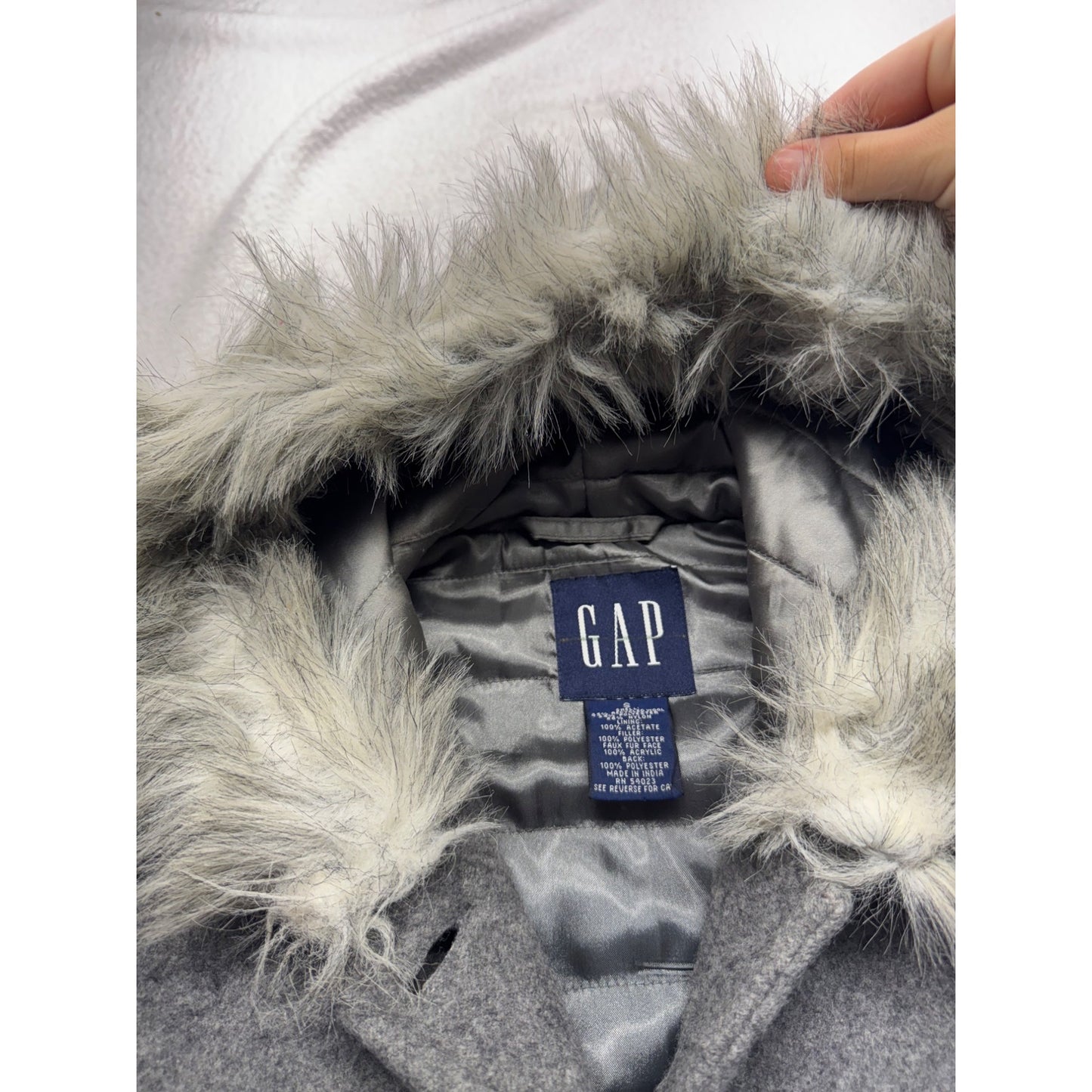 Gap Gray Wool Blend Hooded Coat W/ Faux Fur Trim & Button Closure #129B