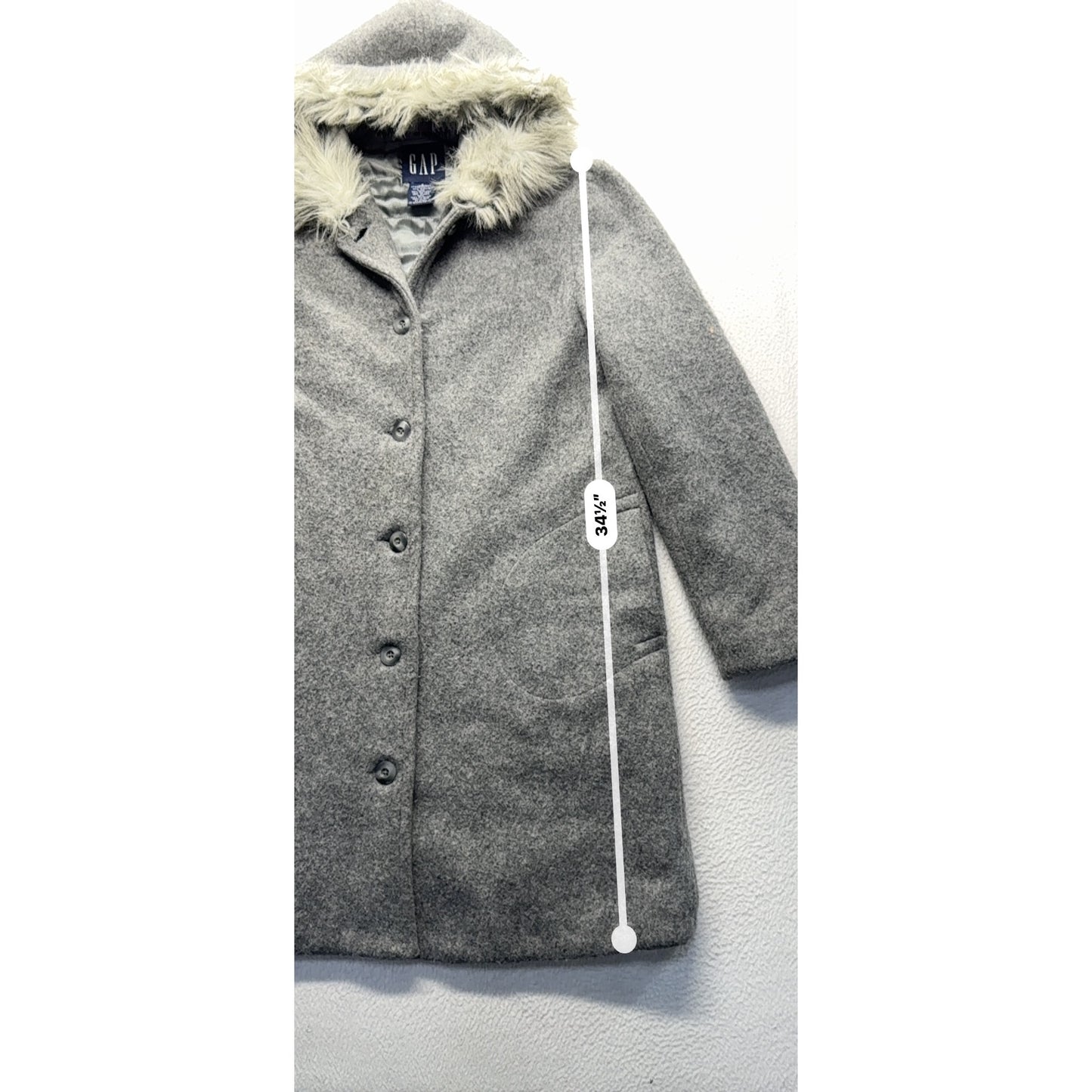 Gap Gray Wool Blend Hooded Coat W/ Faux Fur Trim & Button Closure #129B