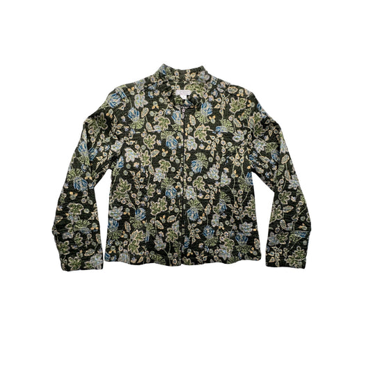 Christopher & Banks Floral Quilted Zip-Up Green Blazer #7691