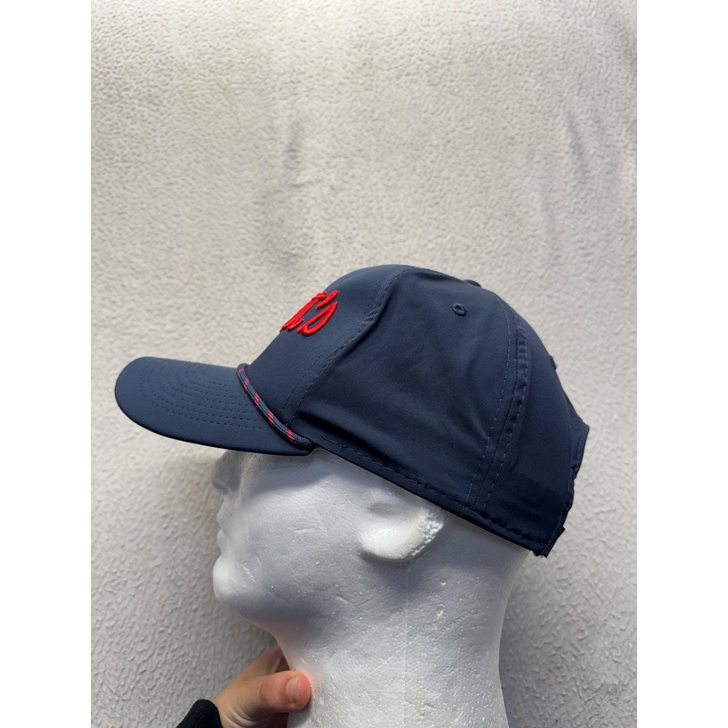 Garnetts Navy Blue Snapback Hat With Red Embroidered Text By Imperial #9761