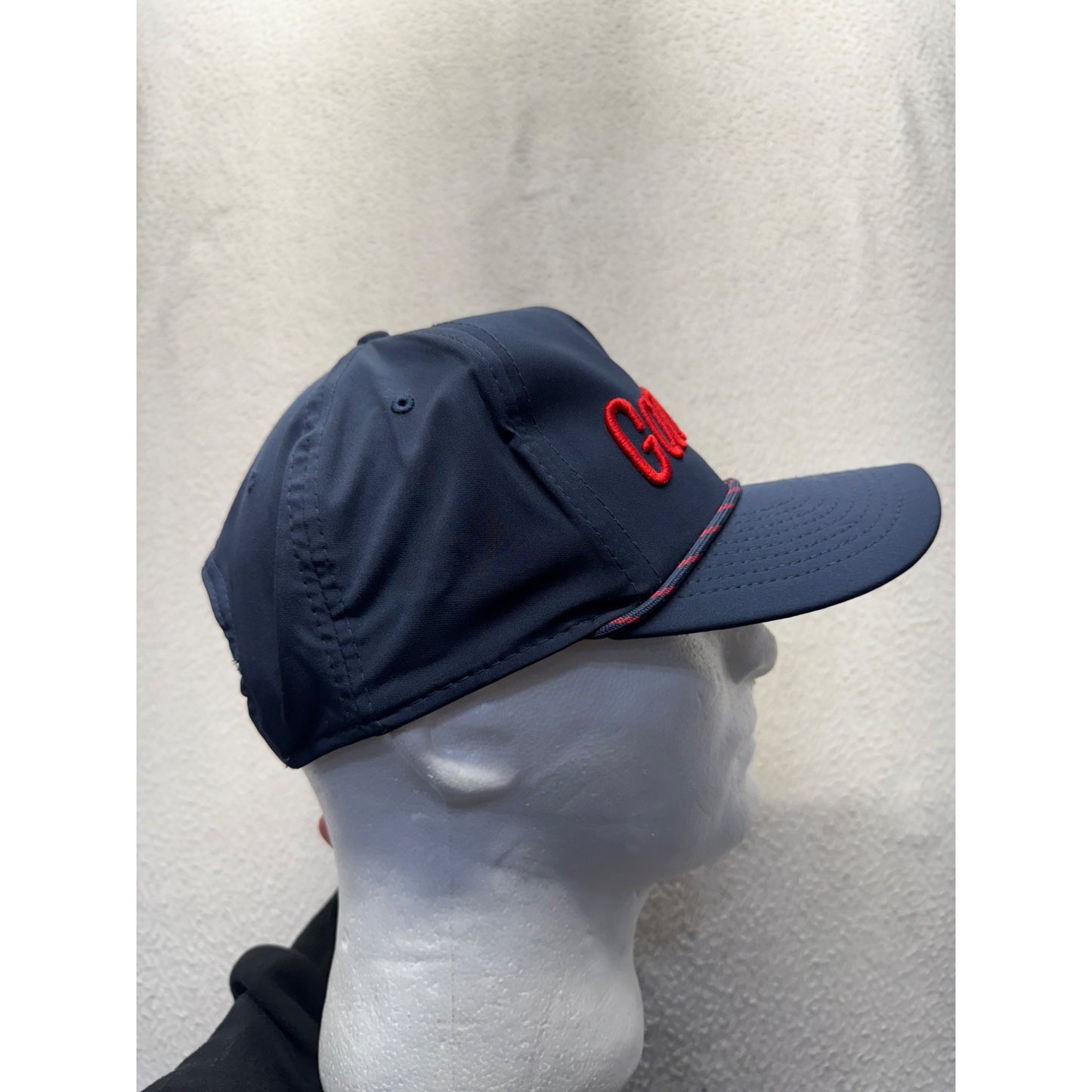 Garnetts Navy Blue Snapback Hat With Red Embroidered Text By Imperial #9761
