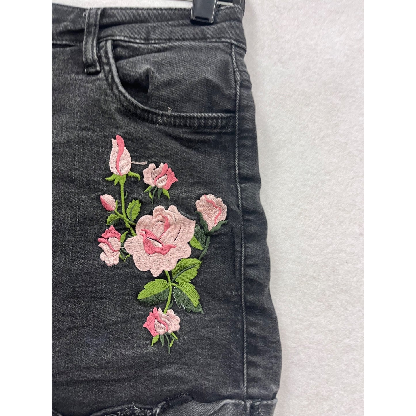 Guess Womens Black Denim Shorts With Pink Floral Embroidery Size 28 #6765