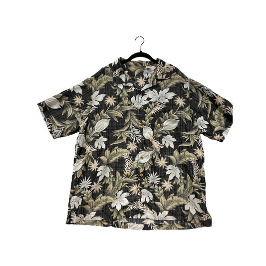 Mens 2XT Black Hawaiian Shirt With Tropical Leaf Print & Button-Down Front #6583