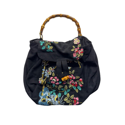 Black Embroidered Floral Canvas Bag With Bamboo Handles & Toggle Closure #103B