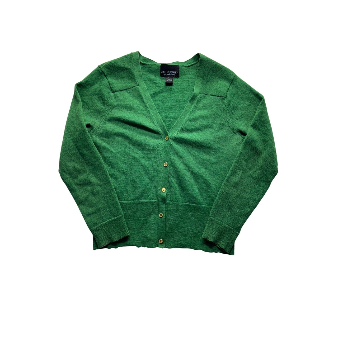 Cynthia Rowley Green 100% Merino Wool Cardigan Sweater V-Neck L #9571