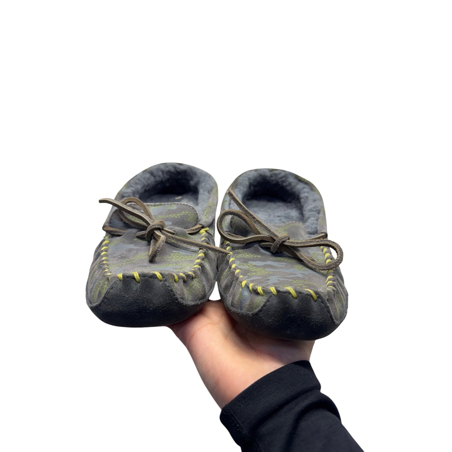 L.L.Bean Gray Camo Moccasin Slippers With Fleece Lining Size M #9703