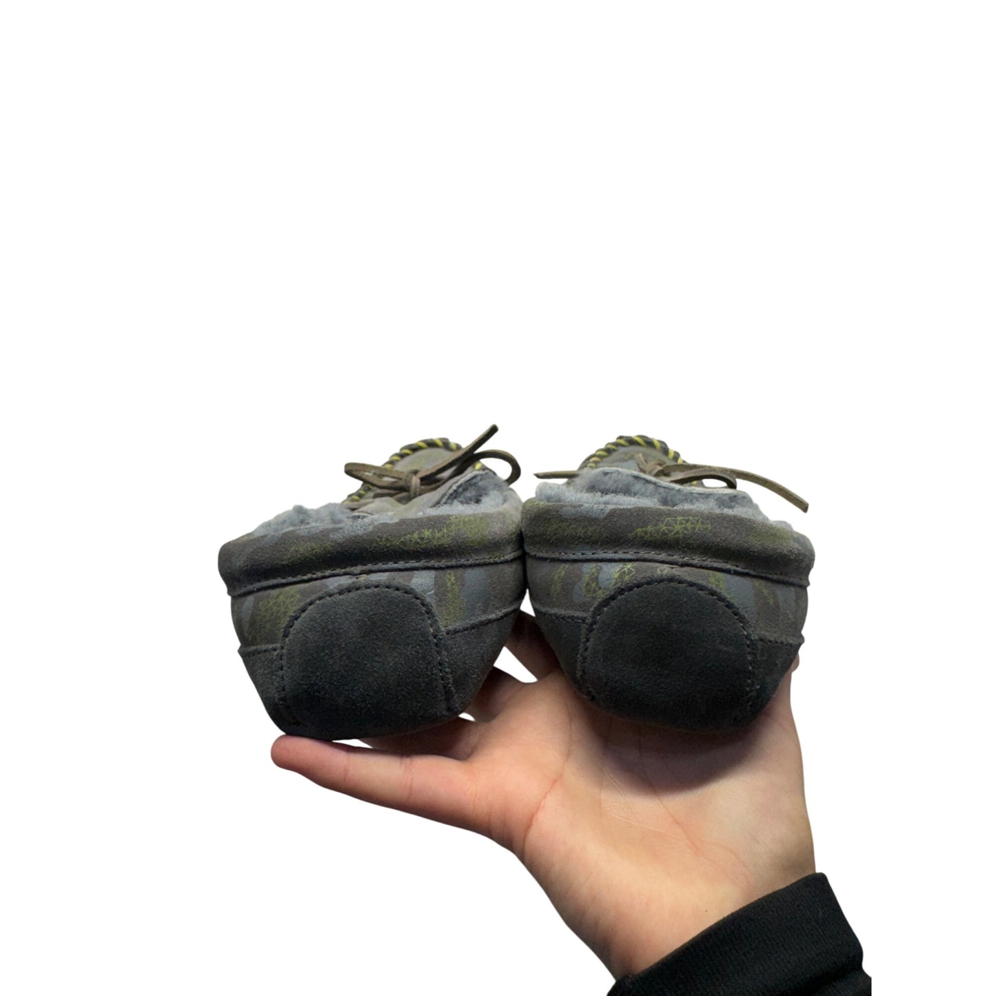 L.L.Bean Gray Camo Moccasin Slippers With Fleece Lining Size M #9703