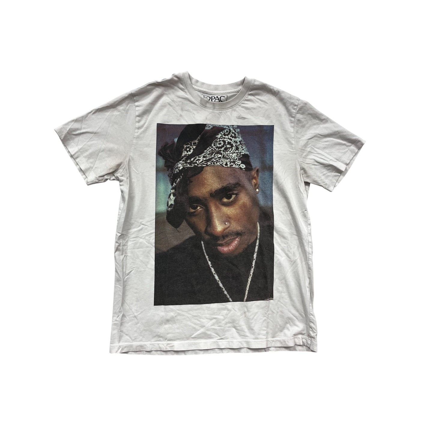 2Pac Bandana Graphic T-Shirt Crew Neck White Short Sleeve Casual Tee #317A