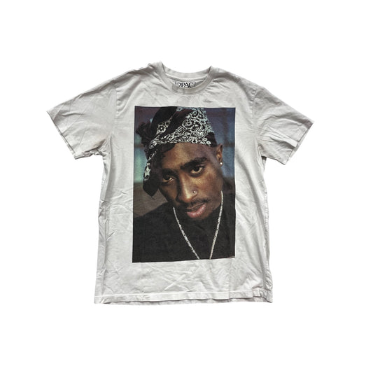 2Pac Bandana Graphic T-Shirt Crew Neck White Short Sleeve Casual Tee #317A