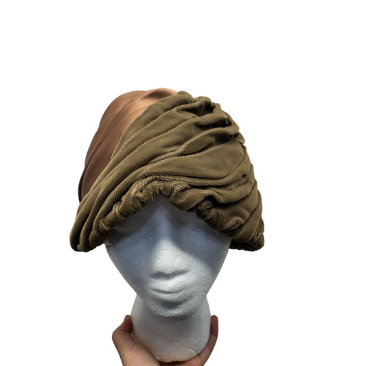 Vintage Olive Green & Brown Draped Satin Turban Hat Union Made USA #9746