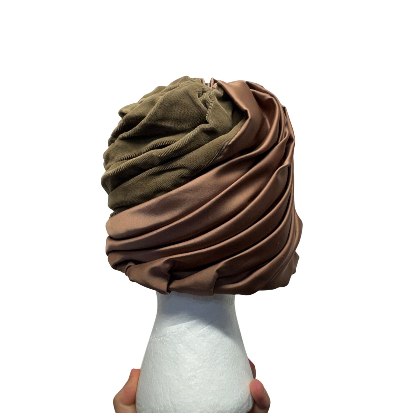 Vintage Olive Green & Brown Draped Satin Turban Hat Union Made USA #9746
