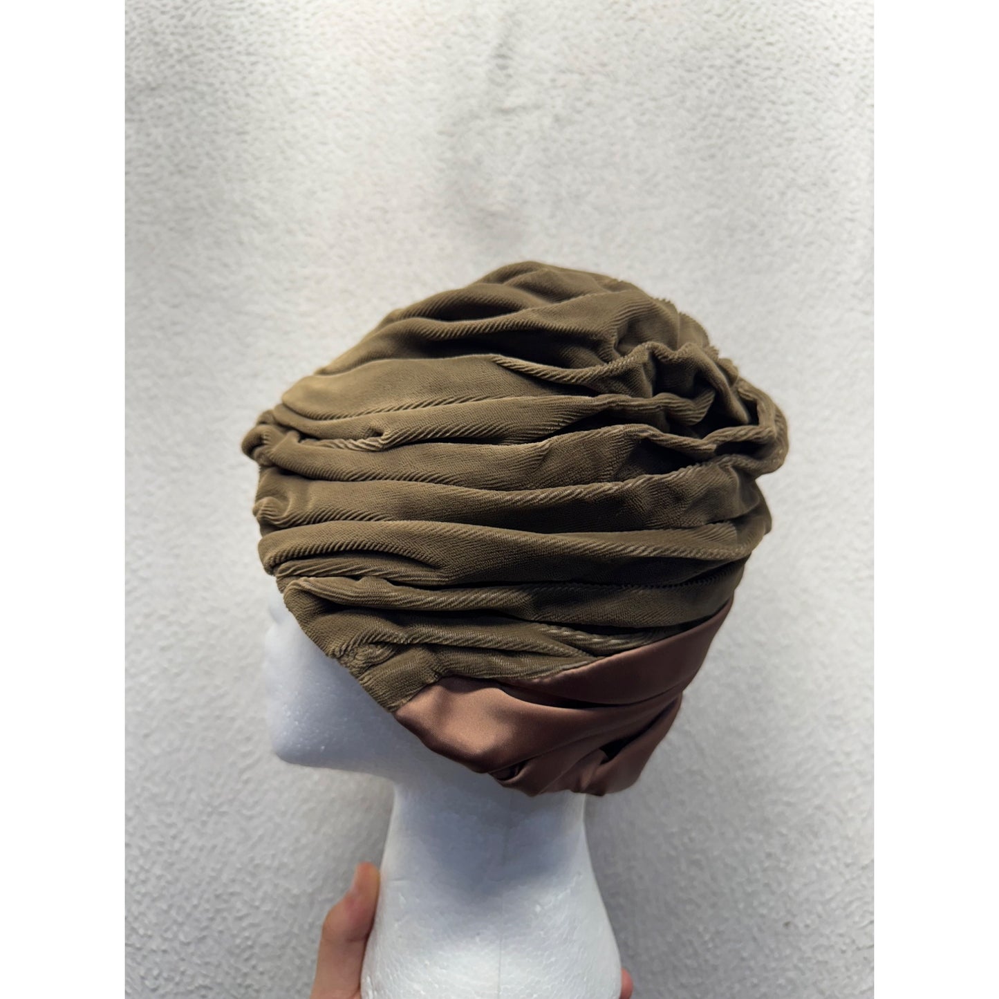 Vintage Olive Green & Brown Draped Satin Turban Hat Union Made USA #9746