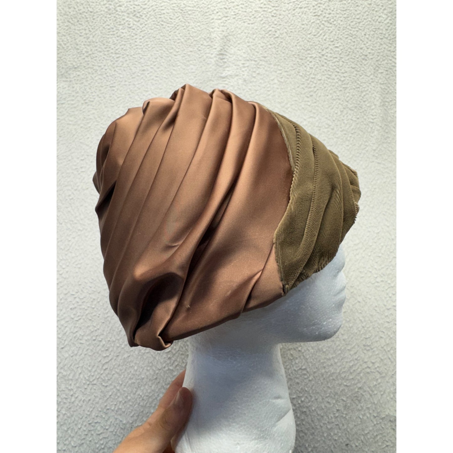 Vintage Olive Green & Brown Draped Satin Turban Hat Union Made USA #9746