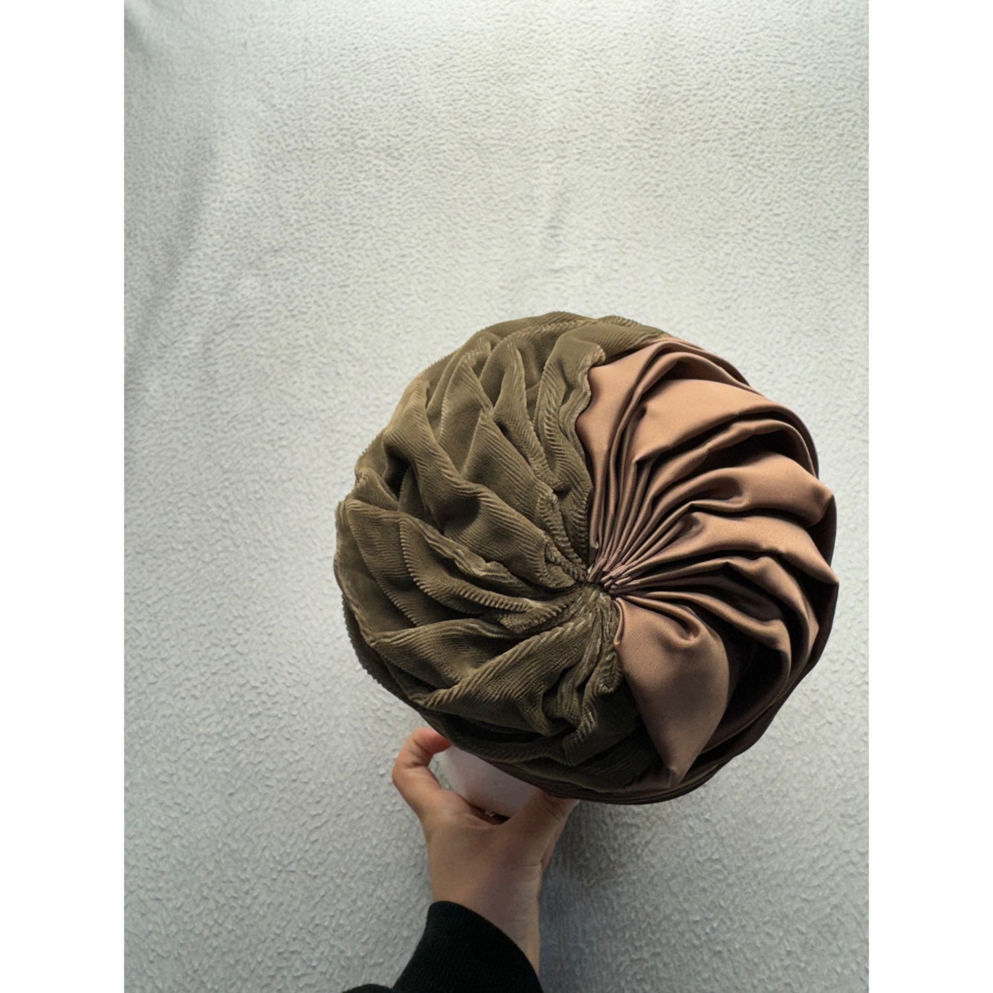 Vintage Olive Green & Brown Draped Satin Turban Hat Union Made USA #9746