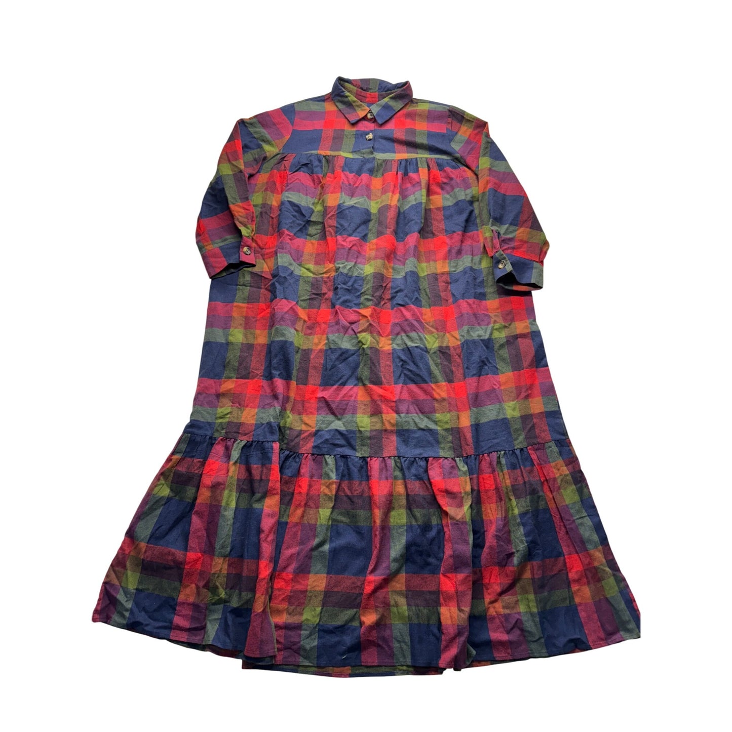 Vintage Style Plaid Button-Down Long Dress With Ruffle Hem #7847