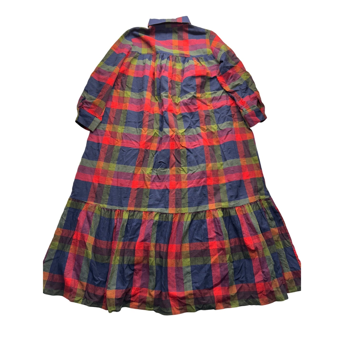 Vintage Style Plaid Button-Down Long Dress With Ruffle Hem #7847