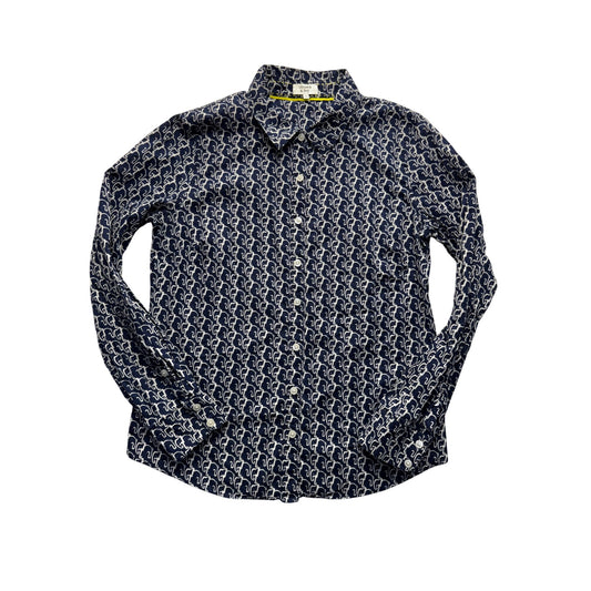 Crown & Ivy Navy Elephant Print Button-Down Shirt Size Small 100% Cotton #9778