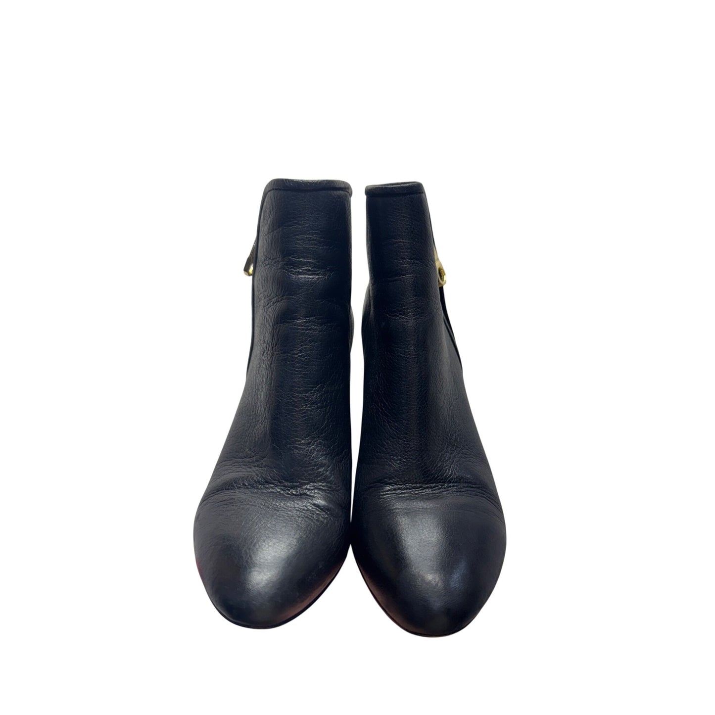 Black Leather Block Heel Ankle Boots With Gold Side Zipper Detail Size 6M #9860
