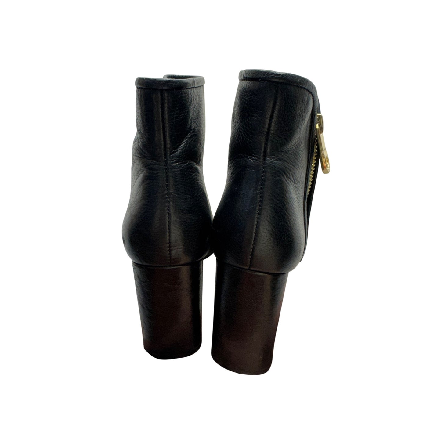 Black Leather Block Heel Ankle Boots With Gold Side Zipper Detail Size 6M #9860