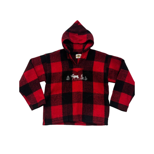 Vintage Womens Red & Black Earth Ragz Hooded Pullover Poncho Sweater With Moose & Trees Embroidery #6613