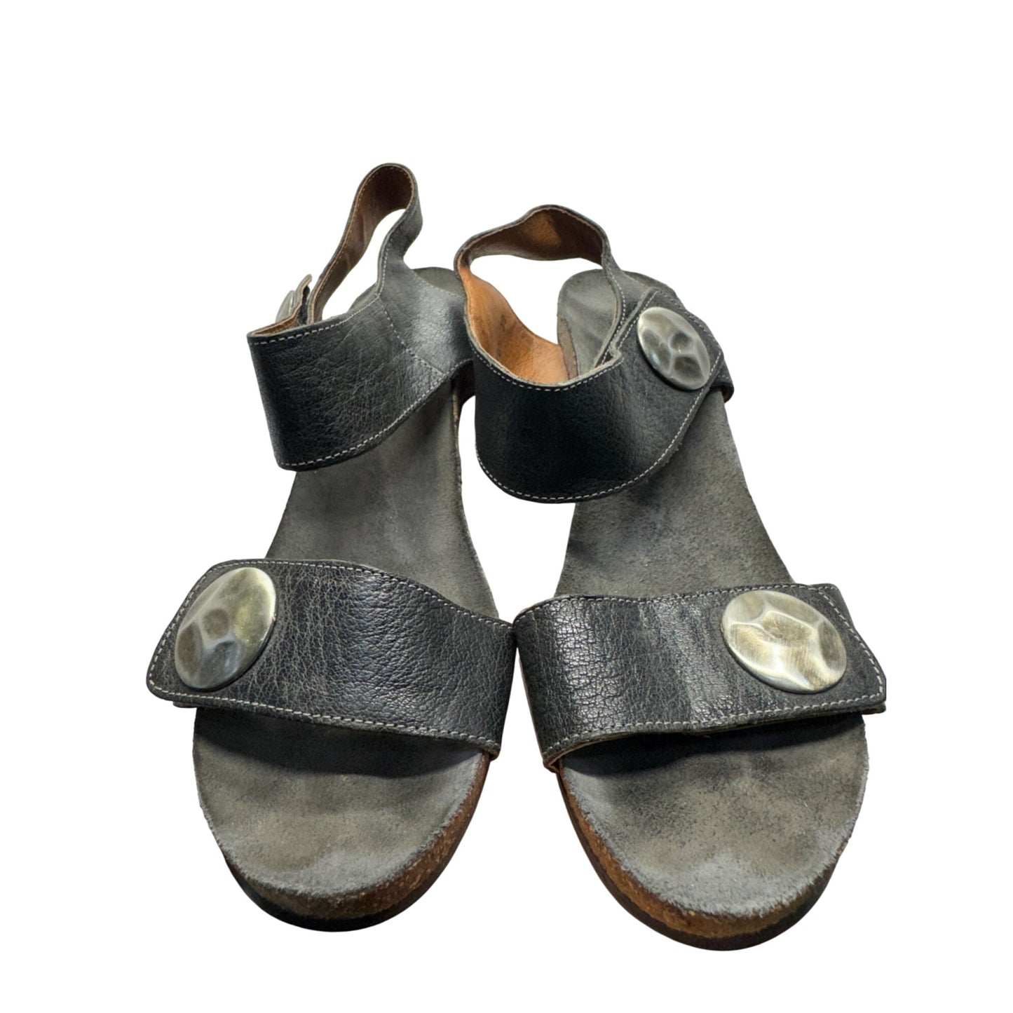 Taos Black Leather Wedge Sandals With Adjustable Straps & Metal Accents #9241