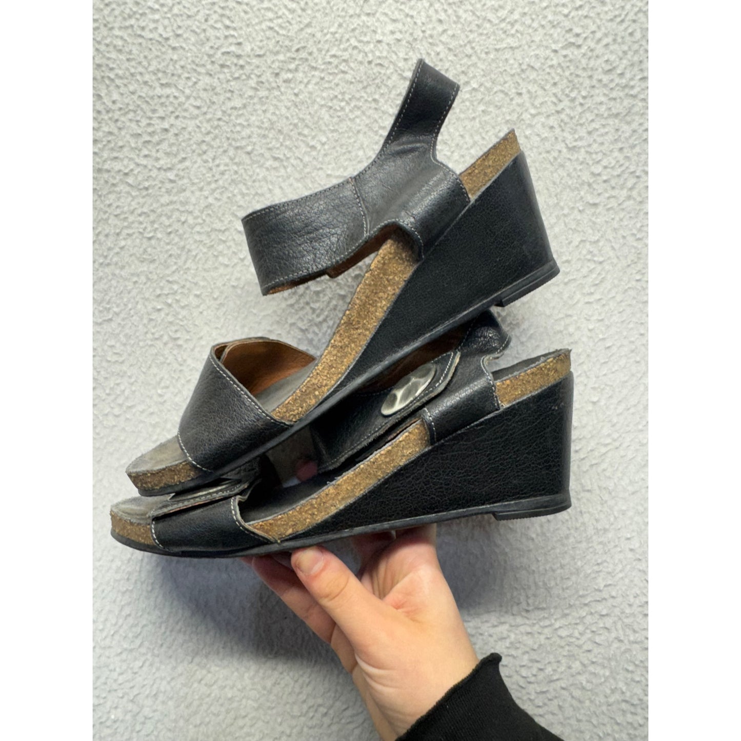 Taos Black Leather Wedge Sandals With Adjustable Straps & Metal Accents #9241