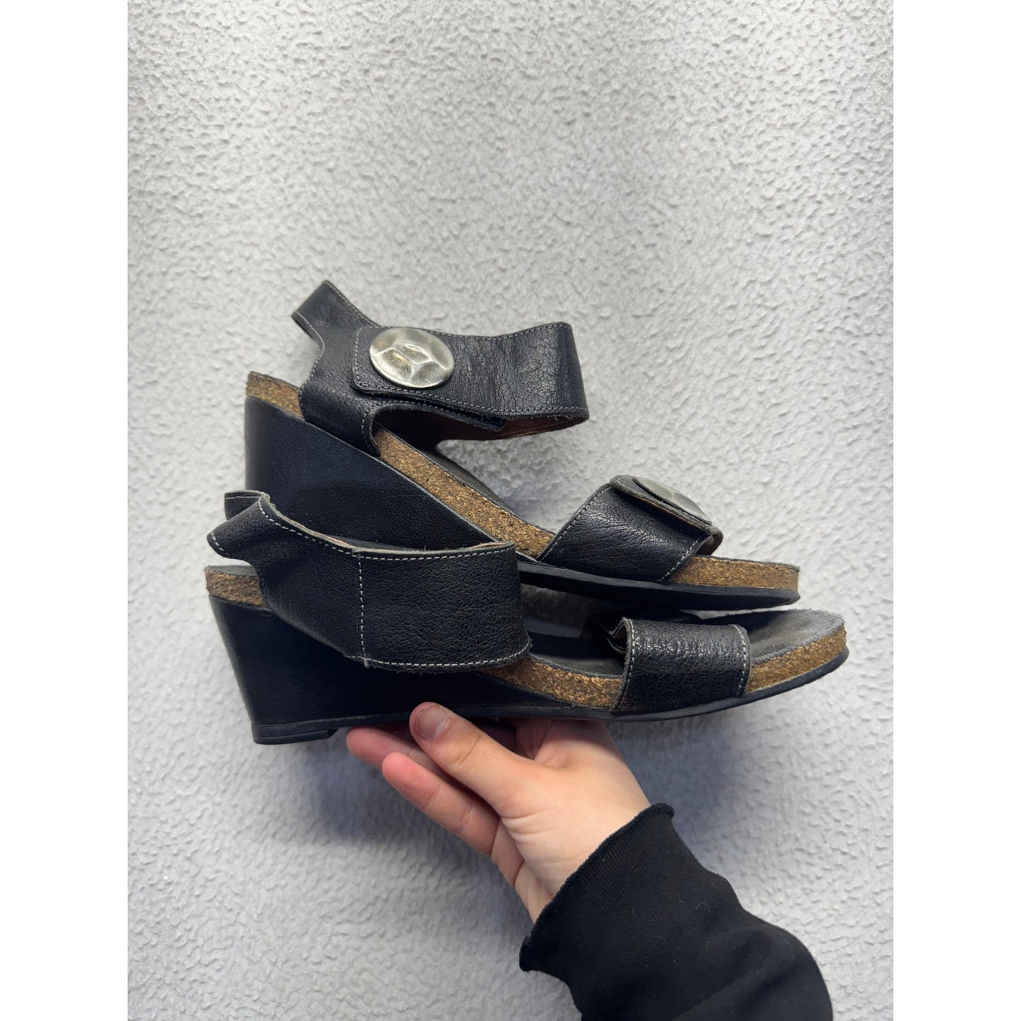 Taos Black Leather Wedge Sandals With Adjustable Straps & Metal Accents #9241