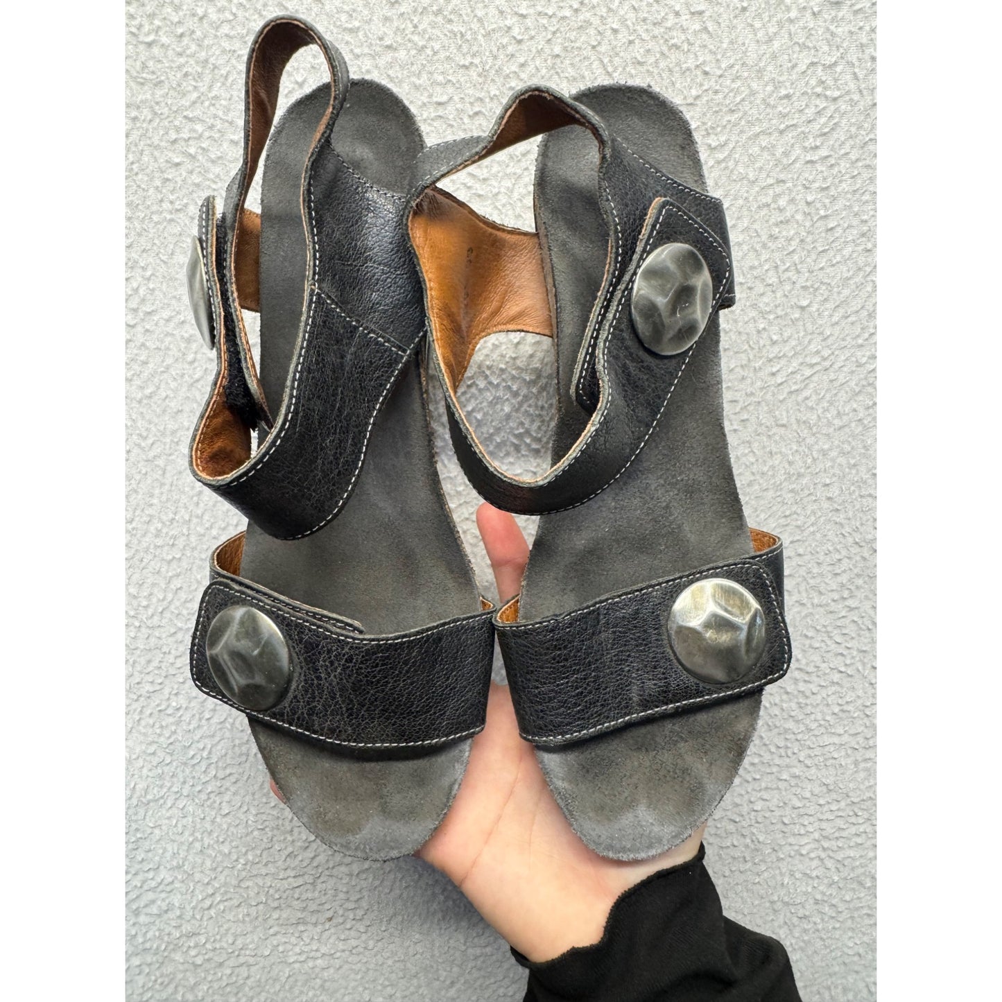 Taos Black Leather Wedge Sandals With Adjustable Straps & Metal Accents #9241