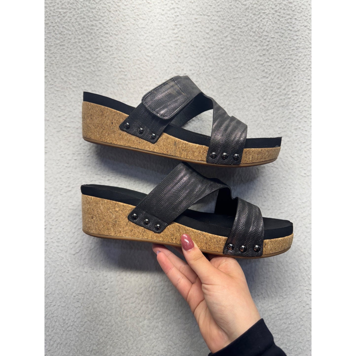 Boutique By Corkys Black Slip-On Wedge Sandals Size 9  #9022
