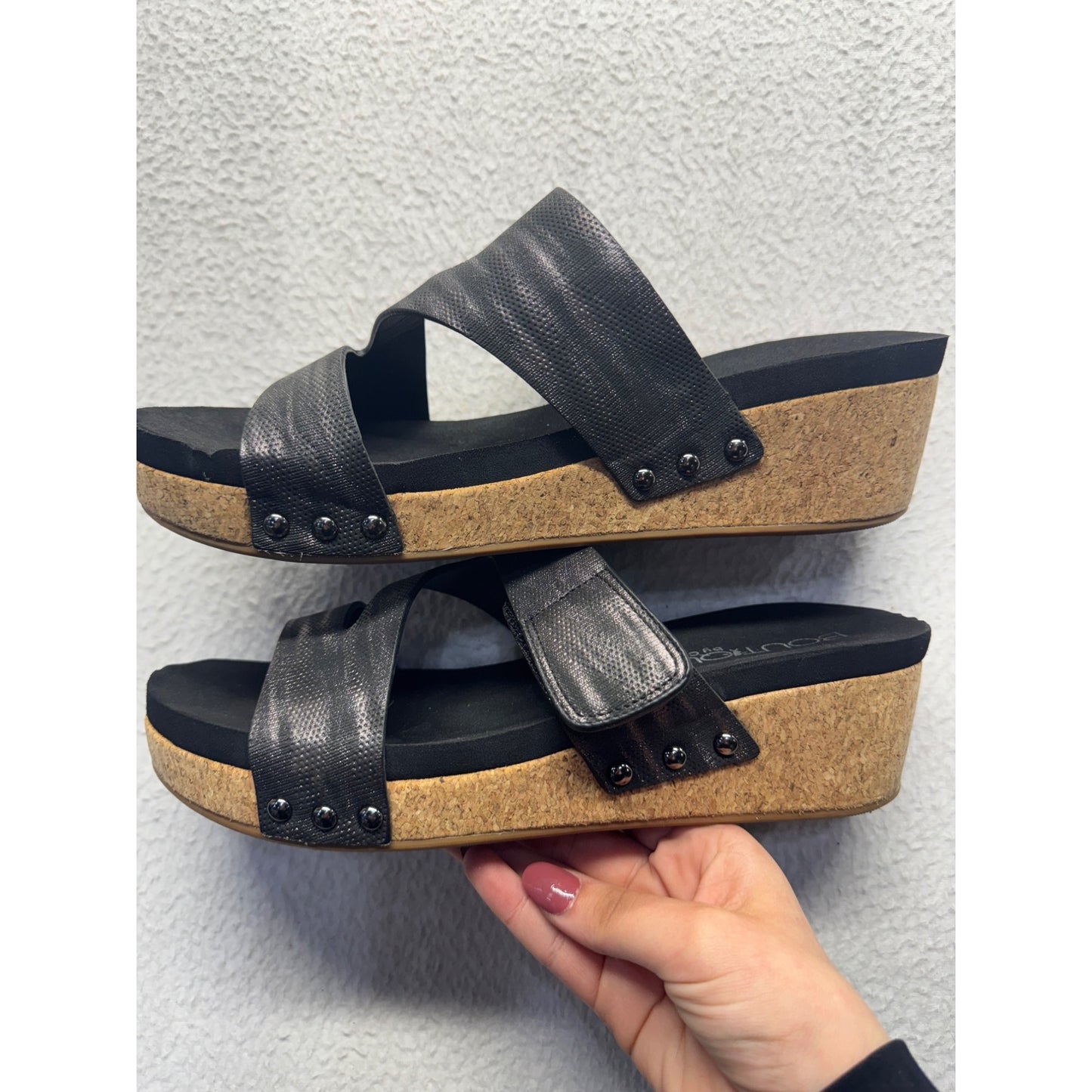 Boutique By Corkys Black Slip-On Wedge Sandals Size 9  #9022
