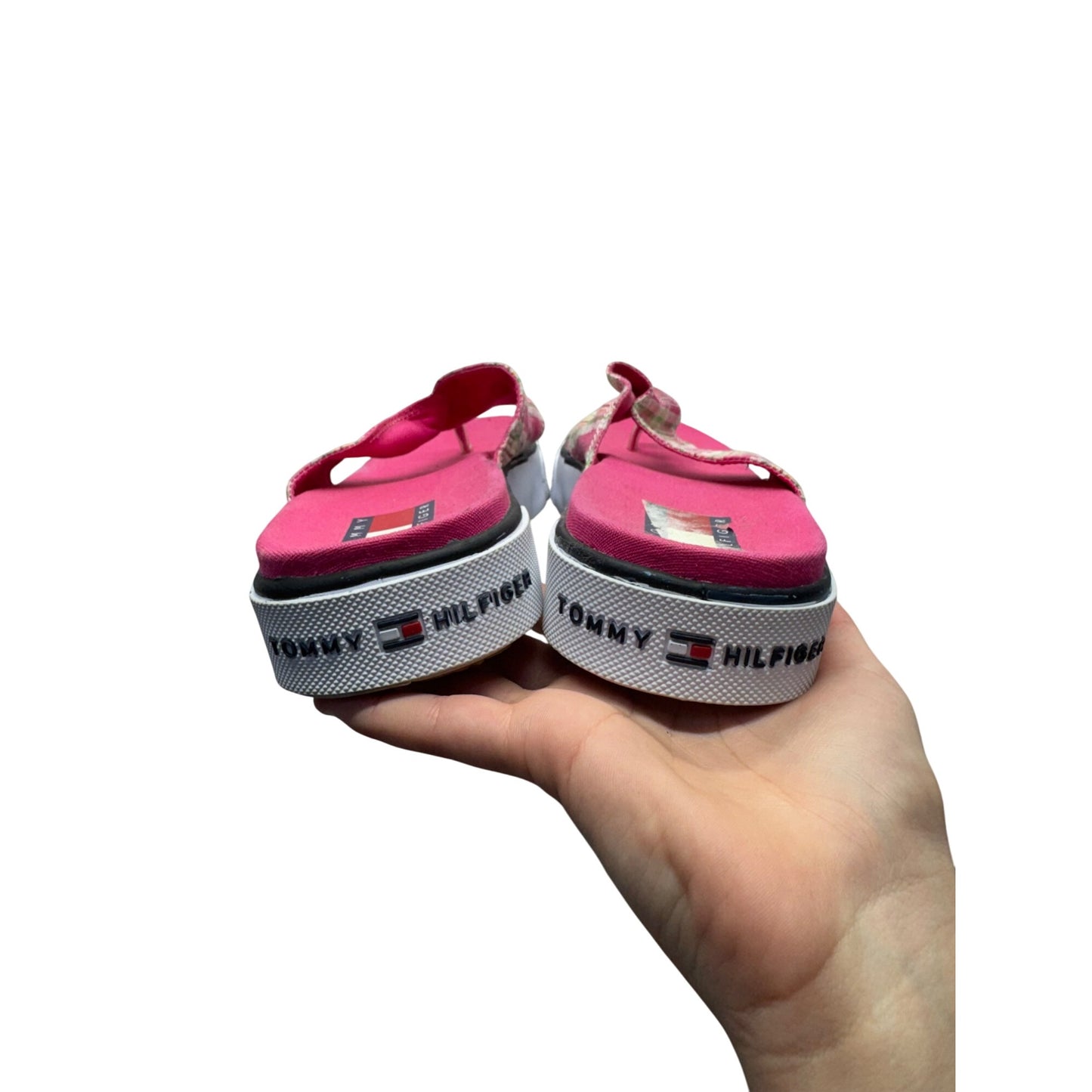 Tommy Hilfiger Pink Plaid Flip Flop Platform Sandals Casual Slip-On Shoes #9632