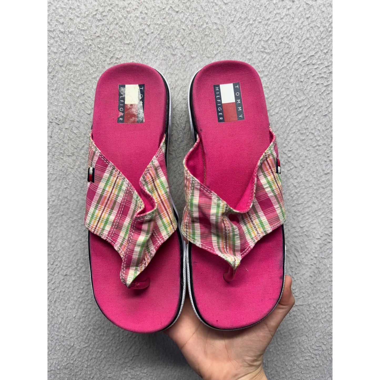 Tommy Hilfiger Pink Plaid Flip Flop Platform Sandals Casual Slip-On Shoes #9632