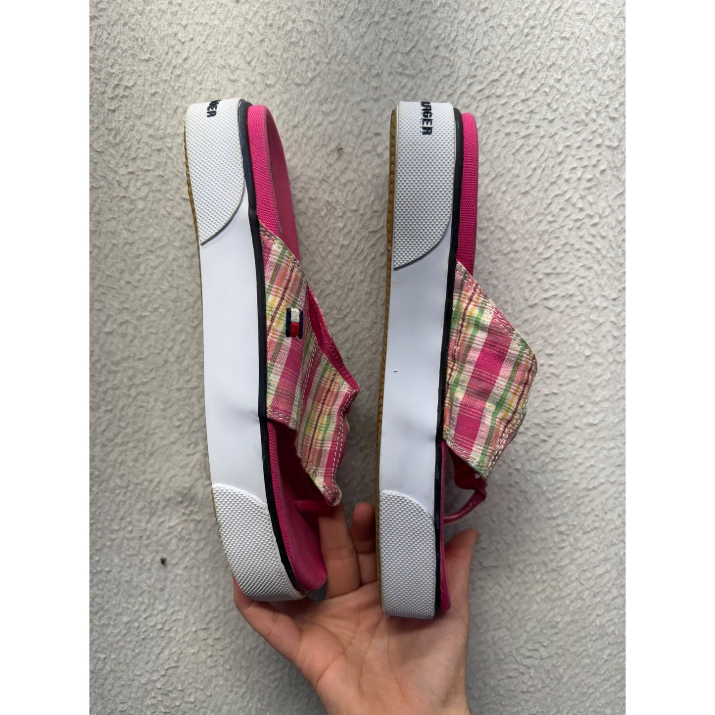 Tommy Hilfiger Pink Plaid Flip Flop Platform Sandals Casual Slip-On Shoes #9632