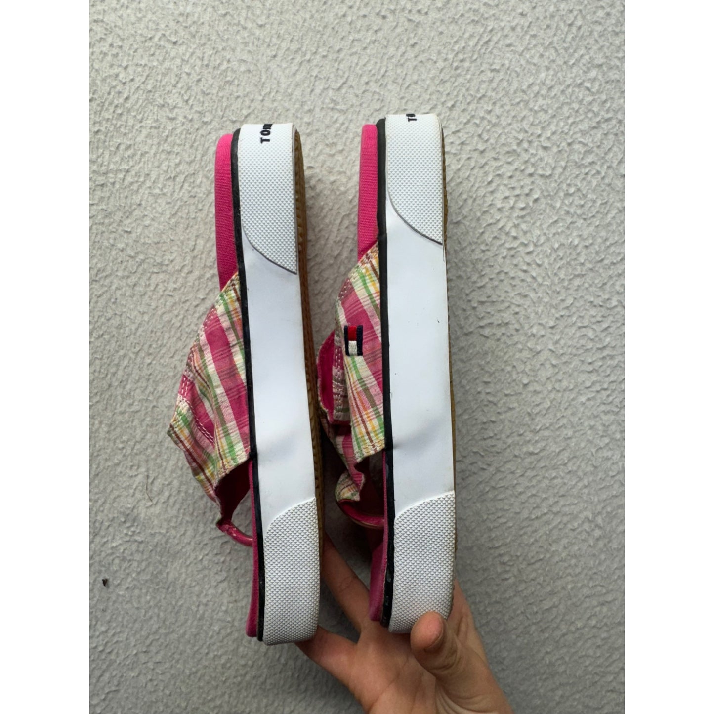 Tommy Hilfiger Pink Plaid Flip Flop Platform Sandals Casual Slip-On Shoes #9632