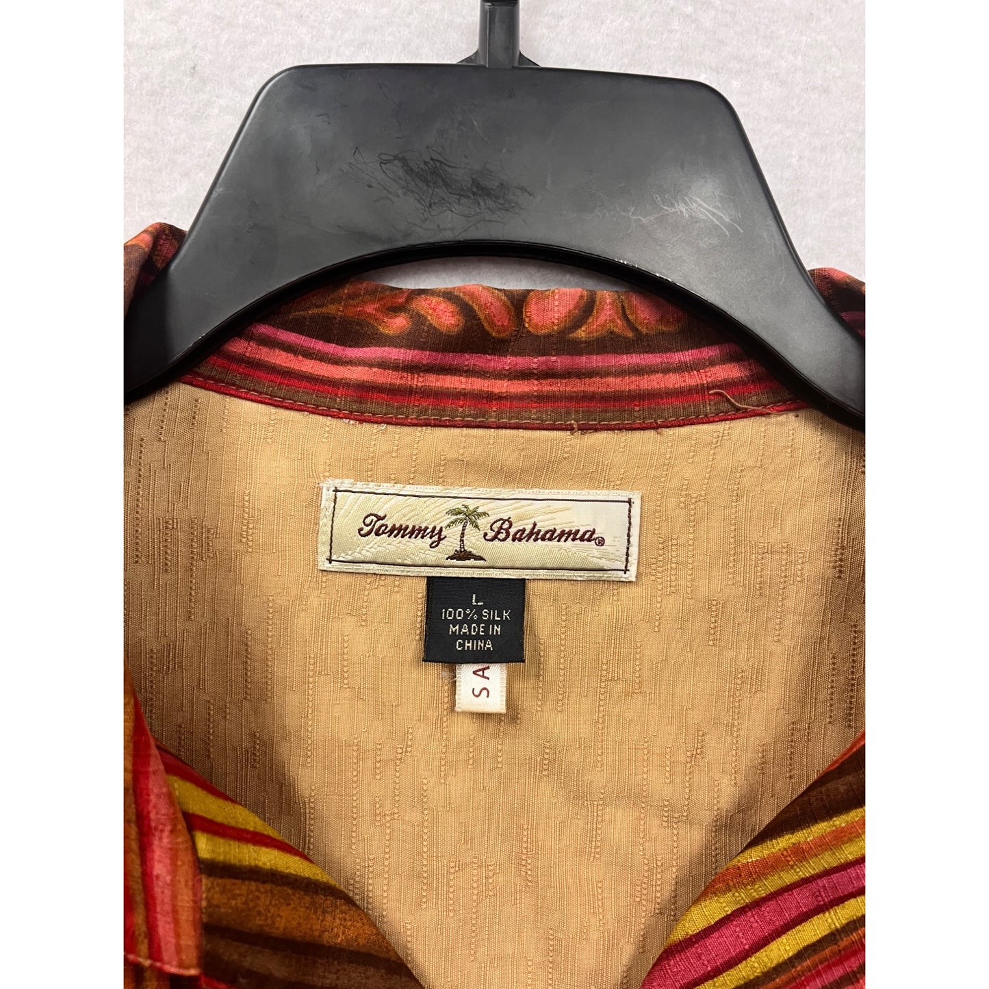 Tommy Bahama Silk Button-Up Shirt Red Stripe Pattern Size L #8340