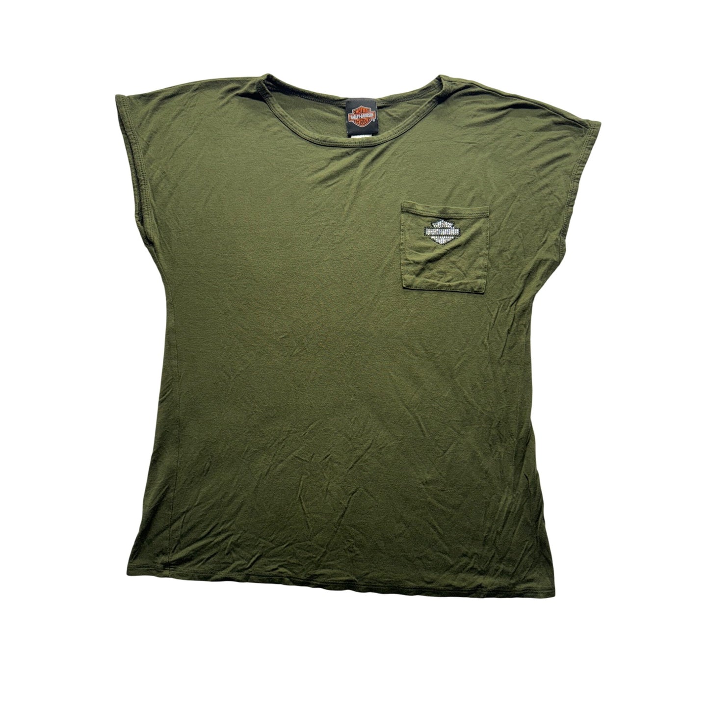 Harley-Davidson Olive Green Graphic Tee Rhinestone Spark Plug Design #9655