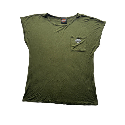 Harley-Davidson Olive Green Graphic Tee Rhinestone Spark Plug Design #9655