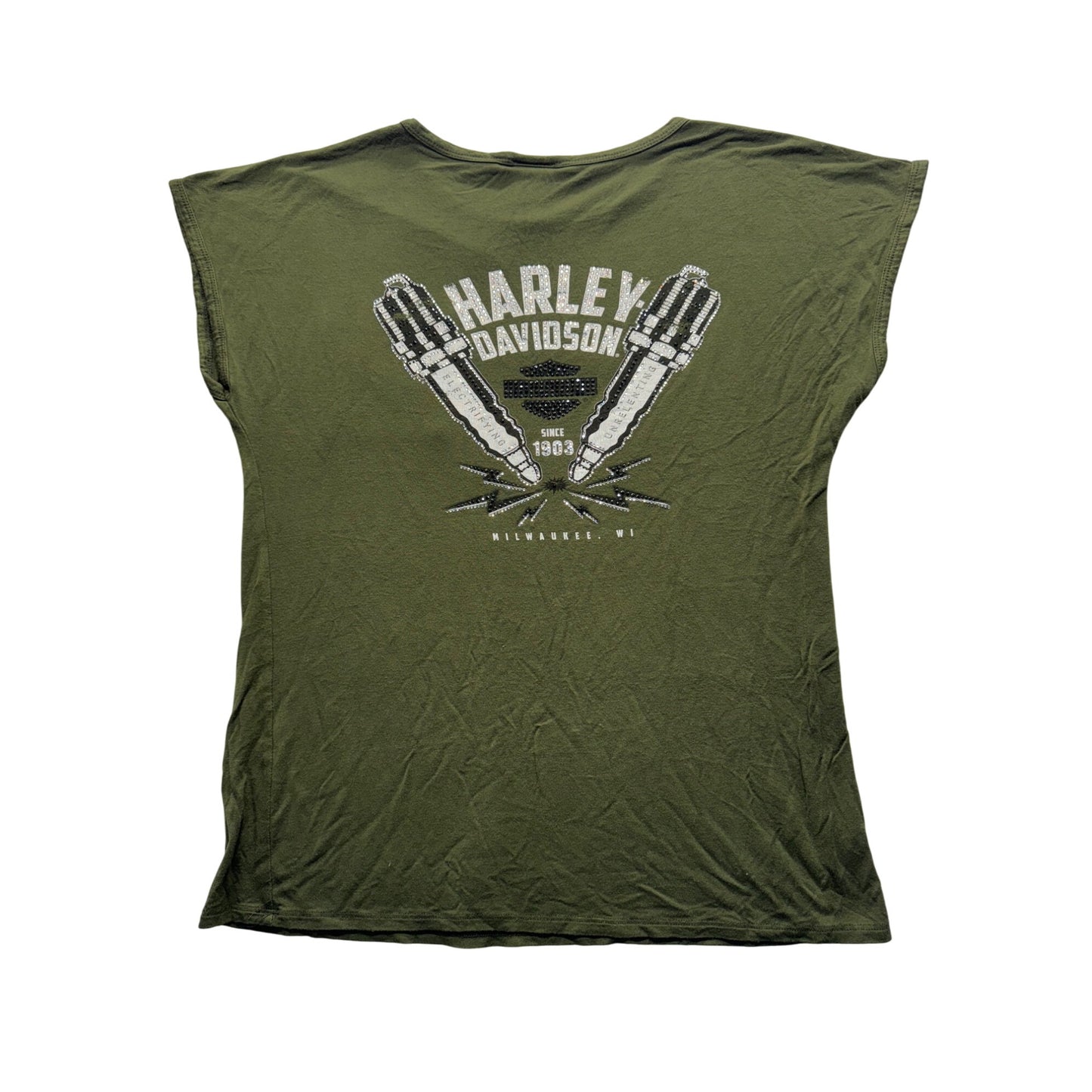 Harley-Davidson Olive Green Graphic Tee Rhinestone Spark Plug Design #9655