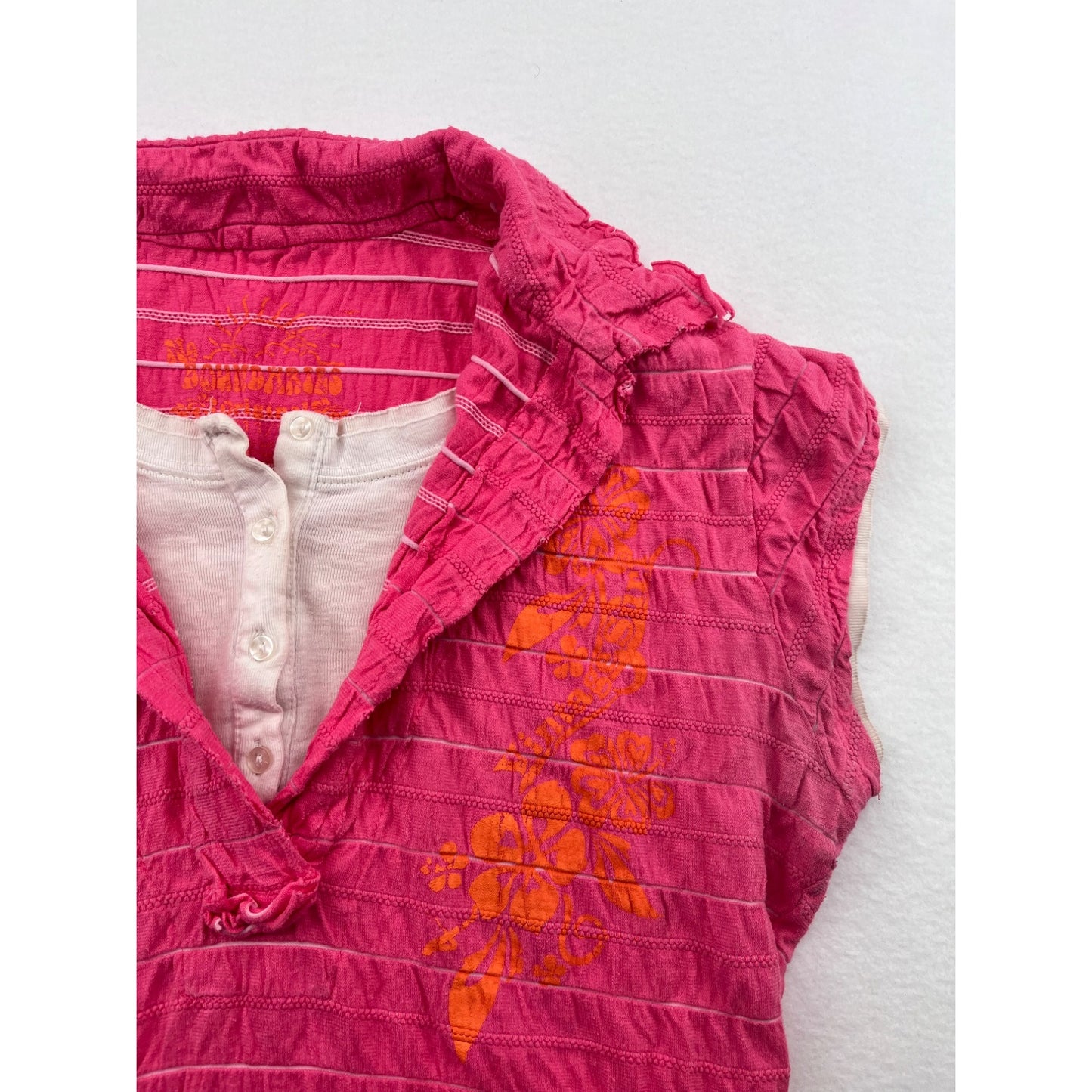Women’s No Boundaries Y2K Large Pink & Orange Floral Print Cap Sleeve Top #6217