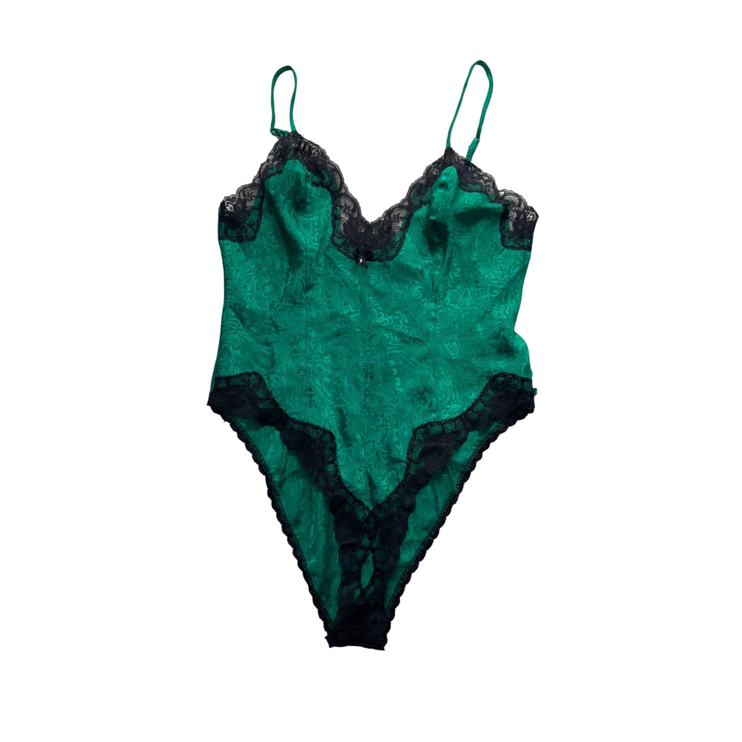 Green Lace Bodysuit With Black Trim & Bow Detail Size S Delicates #9578