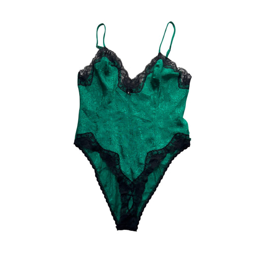 Green Lace Bodysuit With Black Trim & Bow Detail Size S Delicates #9578