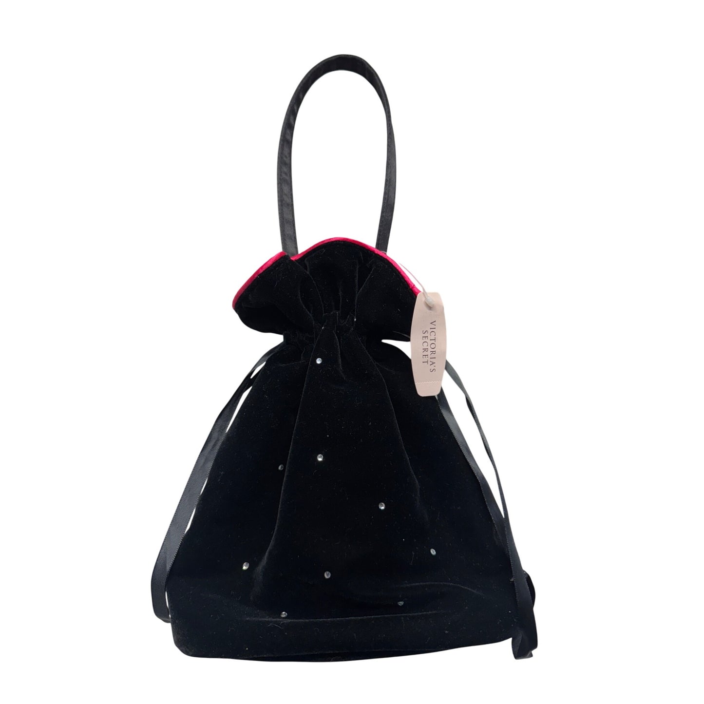 Victorias Secret Black Velvet Drawstring Bag With Rhinestones & Pink Satin #9707